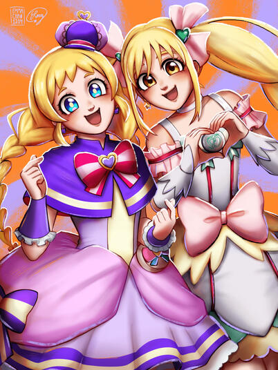 Two characters, Full color, Flat Background